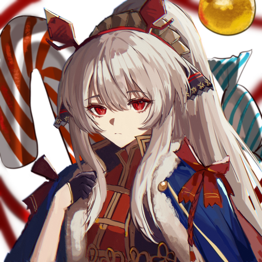 1girl animal_ears anpoai arknights bangs black_gloves blue_cape candy candy_cane cape closed_mouth expressionless food fur-trimmed_cape fur_trim gloves grey_hair highres long_hair looking_at_viewer official_alternate_costume ponytail red_eyes sidelocks solo upper_body very_long_hair weedy_(arknights) weedy_(candy_cape)_(arknights)
