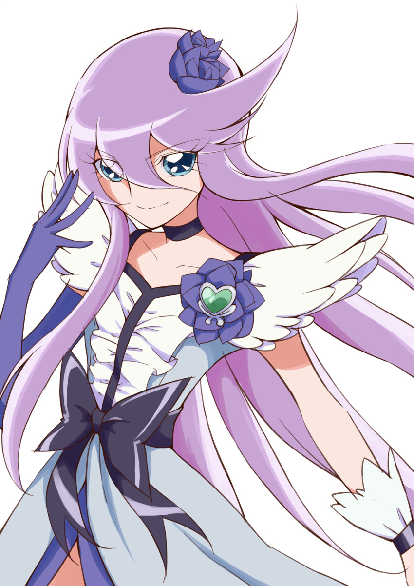 1girl aizawa_zawapo asymmetrical_gloves bangs black_bow black_choker blue_dress blue_eyes bow choker closed_mouth collarbone cure_moonlight dress elbow_gloves floating_hair flower gloves hair_between_eyes hair_flower hair_ornament heartcatch_precure! highres long_hair precure purple_flower purple_gloves purple_hair shiny shiny_hair simple_background smile solo standing very_long_hair white_background