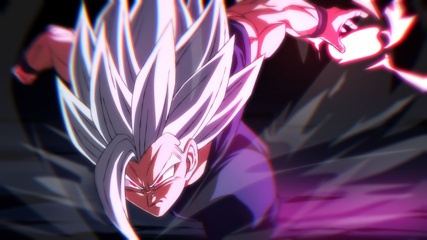 1boy blurry dragon_ball dragon_ball_super dragon_ball_super_super_hero frown gohan_beast male_focus muscular muscular_male red_eyes rom_(20) serious solo son_gohan white_hair wristband