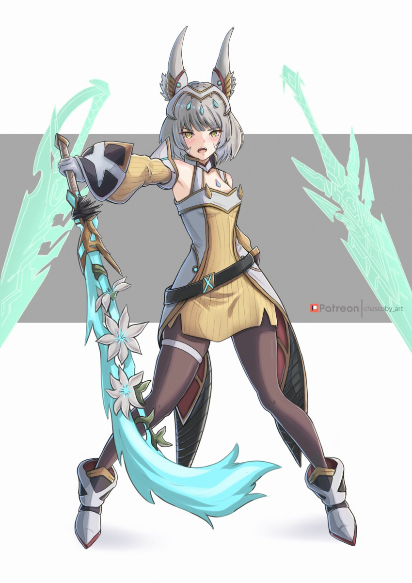 animal_ears bangs blunt_bangs cat_ears catalyst_scimitar chascoby facial_mark flat_chest grey_hair highres holding holding_sword holding_weapon nia_(blade)_(xenoblade) nia_(xenoblade) short_hair sword weapon xenoblade_chronicles_(series) xenoblade_chronicles_2 xenoblade_chronicles_3 yellow_eyes