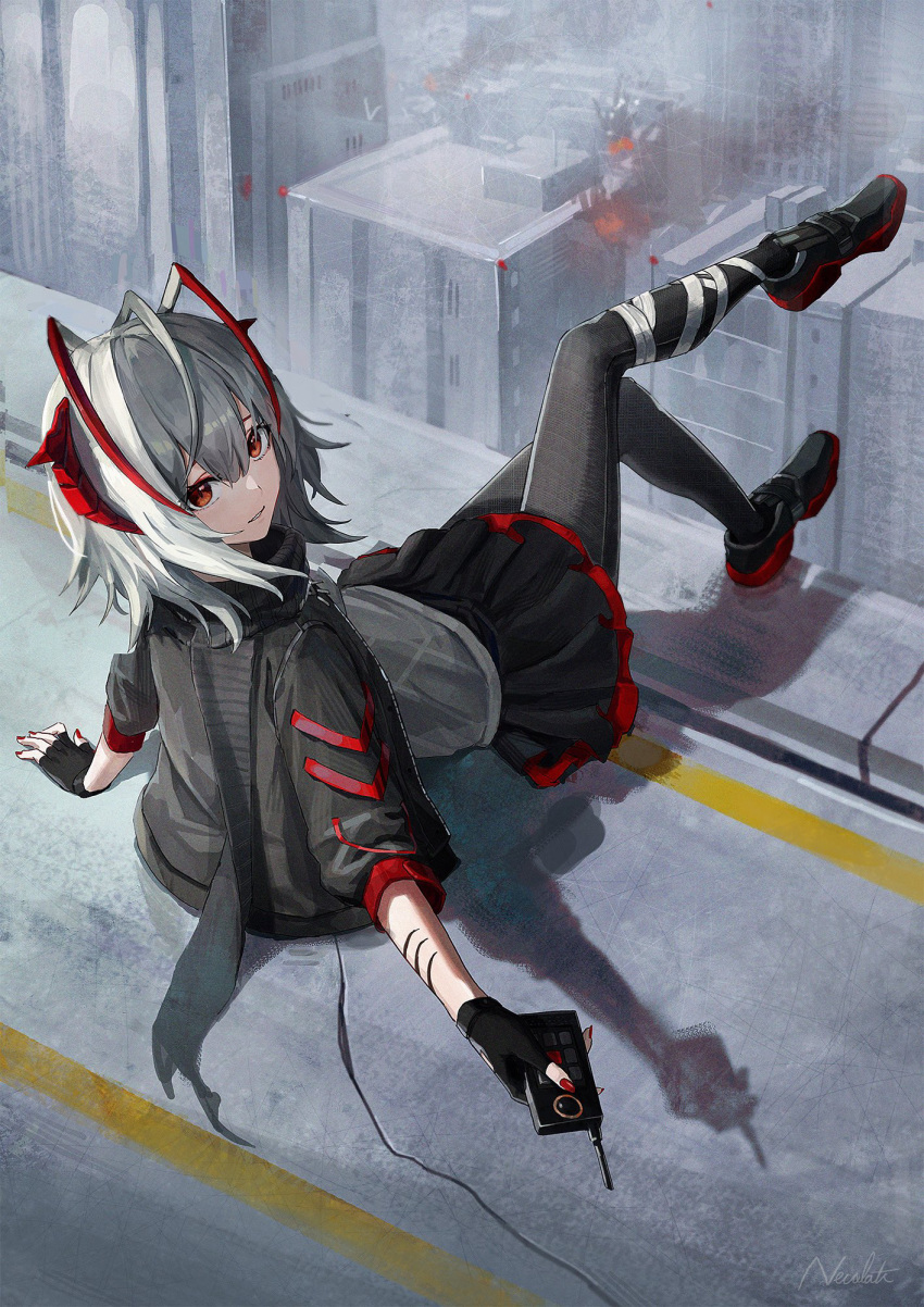 1girl ant arknights arm_support black_footwear black_gloves black_jacket black_pantyhose black_skirt bug city day detonator explosion fingerless_gloves from_behind full_body gloves grey_hair grey_shirt highres holding horns im_catfood jacket leaning_back long_sleeves looking_at_viewer looking_back miniskirt multicolored_hair nail_polish open_clothes open_jacket outdoors pantyhose parted_lips red_eyes red_nails redhead rooftop shirt shoes short_hair sitting skirt smile sneakers solo two-tone_hair w_(arknights)