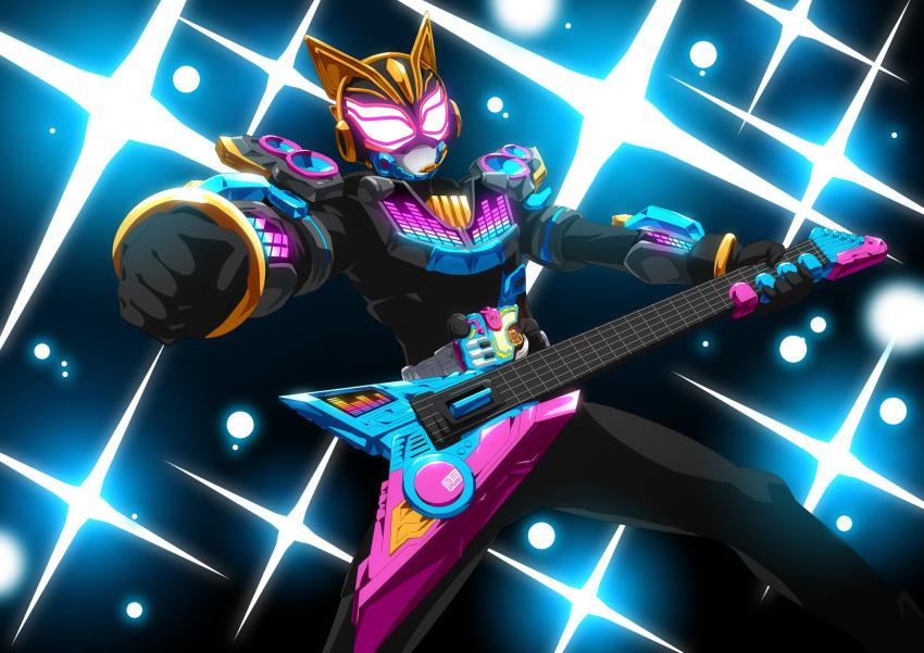 1girl animal_ears axe beat_axe beat_buckle belt black_background black_bodysuit bodysuit cat_ears clenched_hand desire_driver driver_(kamen_rider) earpiece glowing glowing_eyes guitar highres holding holding_instrument instrument kamen_rider kamen_rider_geats_(series) kamen_rider_na-go keytar looking_at_viewer microphone music otokamu pink_eyes playing_instrument raise_buckle sparkle tokusatsu