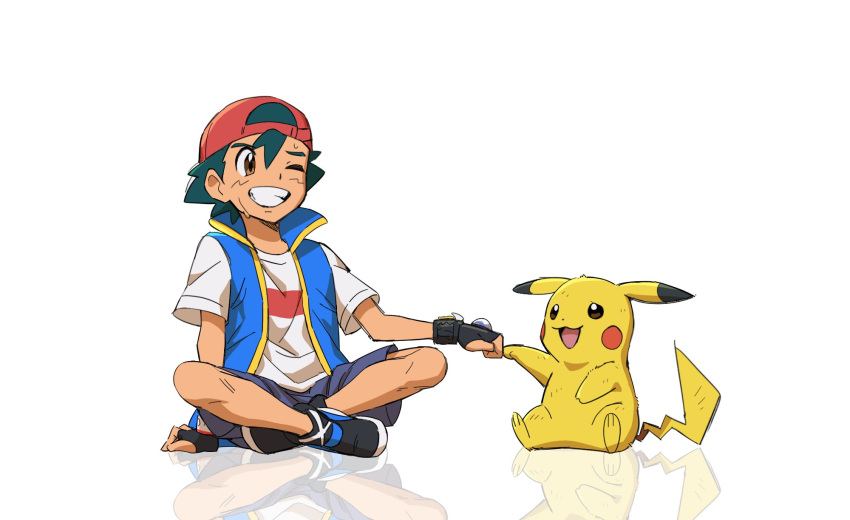 1boy arm_support ash_ketchum bangs black_footwear blue_jacket brown_eyes dynamax_band fist_bump grin hat highres hungry_seishin jacket knees male_focus one_eye_closed pikachu pokemon pokemon_(anime) pokemon_(creature) pokemon_journeys red_headwear reflective_floor shirt shoes short_hair short_sleeves shorts sitting sleeveless sleeveless_jacket smile t-shirt teeth white_background white_shirt