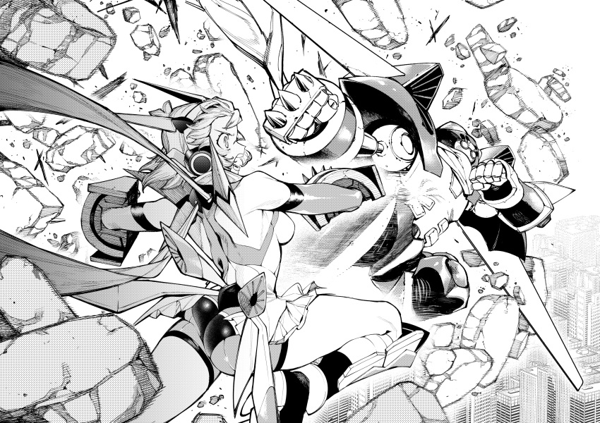1girl absurdres armor ass breasts city clenched_hands crossover duel_monster fighting greaves greyscale headphones highres junk_warrior monochrome open_mouth rubble rx_hts senki_zesshou_symphogear shorts spiked_knuckles tachibana_hibiki_(symphogear) yu-gi-oh! yu-gi-oh!_5d's