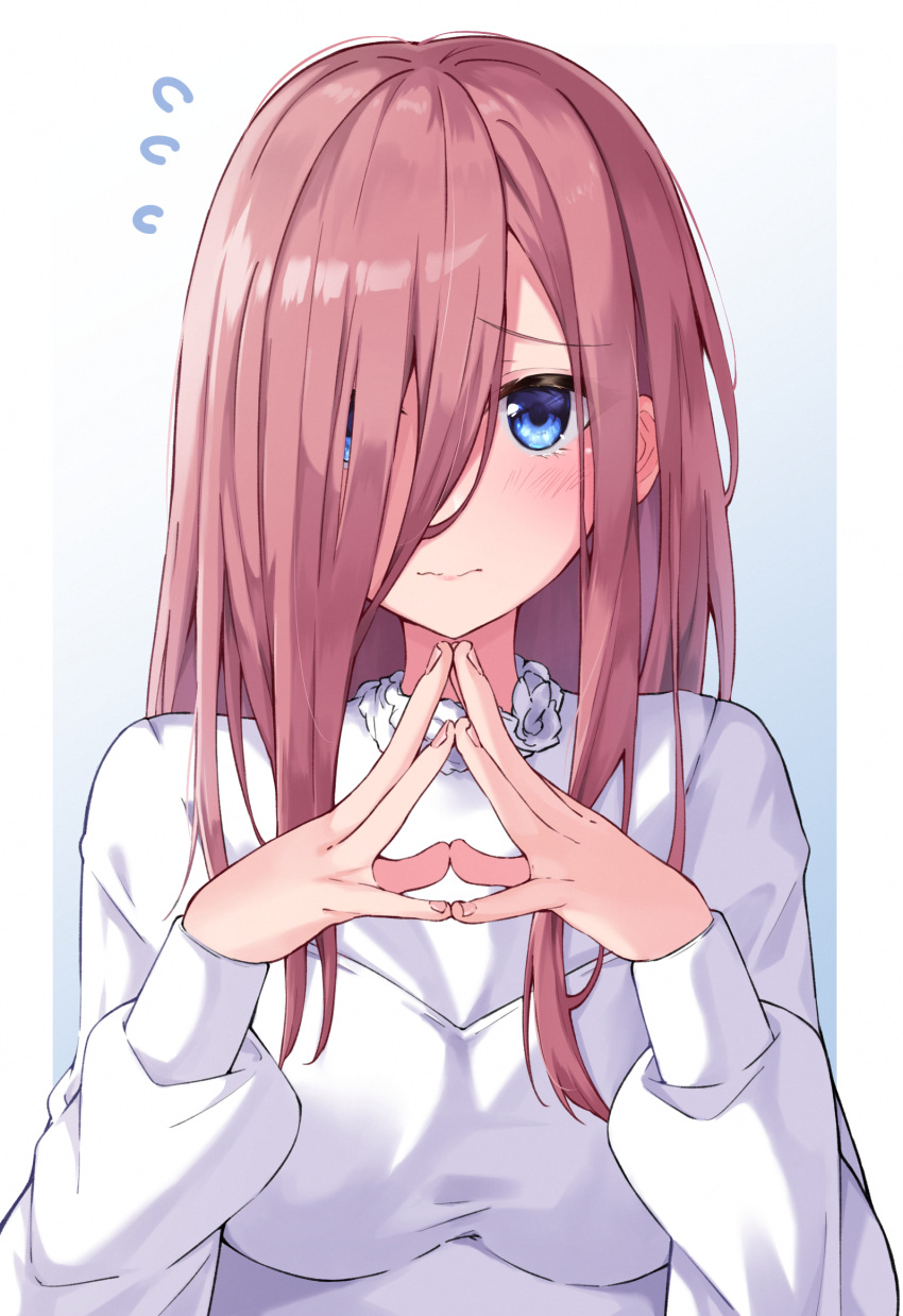 1girl blue_eyes blush border breasts closed_mouth go-toubun_no_hanayome hair_between_eyes hair_over_one_eye highres large_breasts long_hair long_sleeves looking_at_viewer nakano_miku own_hands_together pink_hair shirt sidelocks simple_background solo tiara_(871220) upper_body wavy_mouth white_border white_shirt