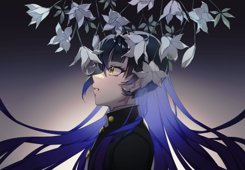 1boy androgynous asymmetrical_hair bangs black_hair black_shirt blue_hair chinese_commentary commentary_request eyelashes flower from_side gradient gradient_background hair_between_eyes highres long_hair looking_to_the_side male_focus marja_01 parted_lips portrait protagonist_(smtv) school_uniform shadow shin_megami_tensei shin_megami_tensei_v shirt transformation yellow_eyes