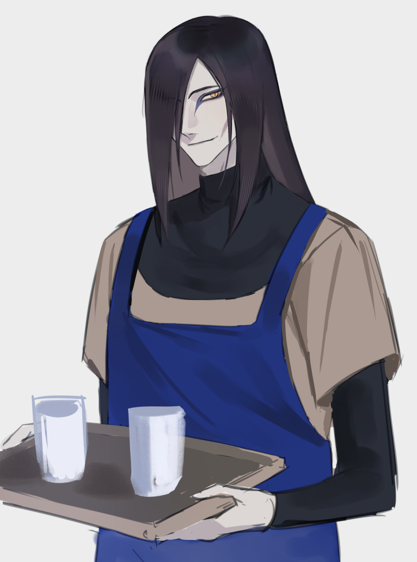 1boy absurdres alternate_costume apron ayuaho black_hair blue_apron contemporary cup eyeliner facial_mark hair_over_one_eye highres holding holding_tray long_hair looking_at_viewer makeup male_focus naruto_(series) orochimaru_(naruto) pale_skin slit_pupils smile solo tray upper_body yellow_eyes