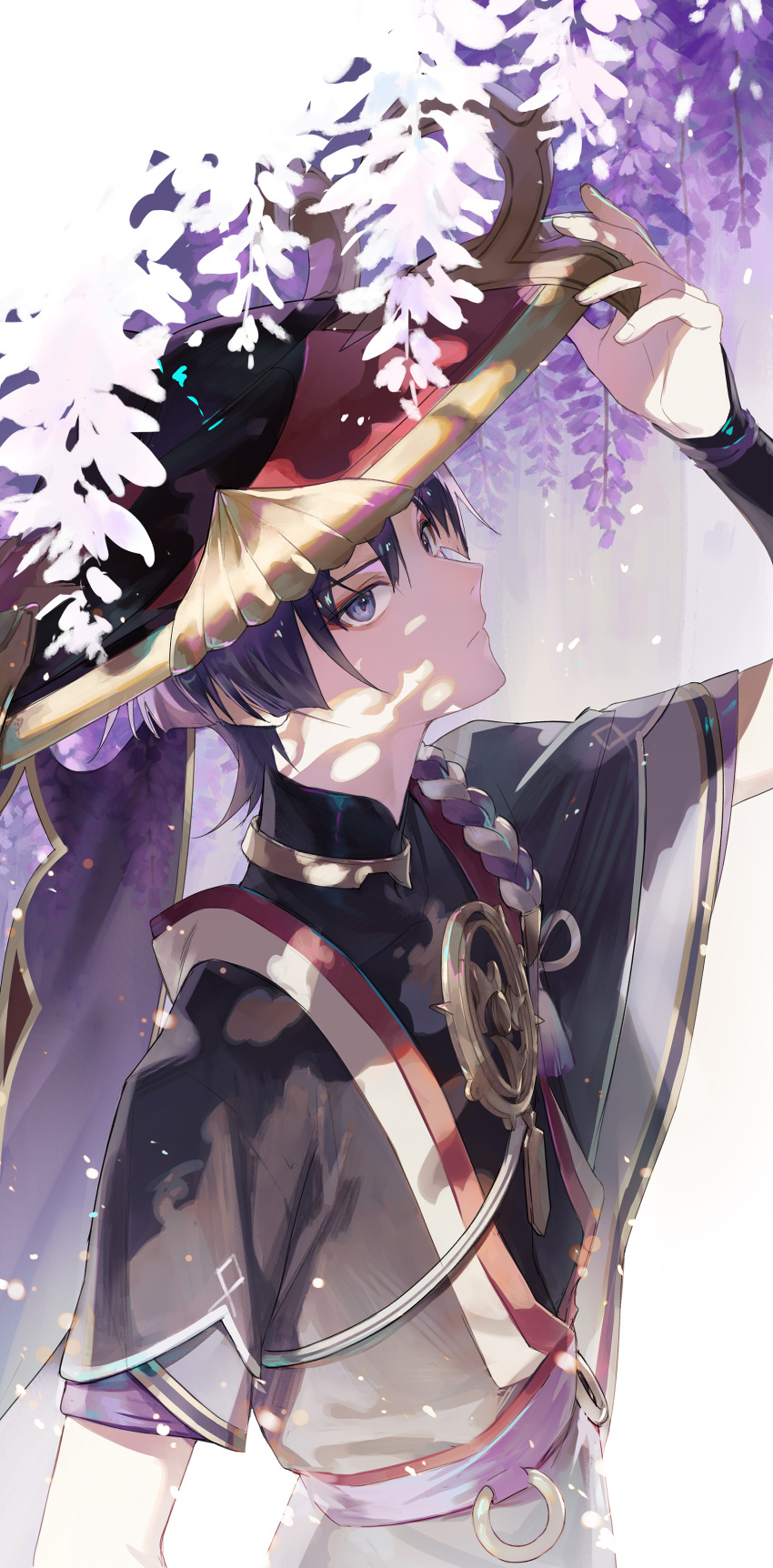 1boy absurdres adjusting_clothes adjusting_headwear arm_up armor bangs black_hair black_shirt bloom blunt_ends closed_mouth commentary covered_collarbone expressionless eyeshadow flower genshin_impact gold_trim hair_between_eyes hat highres japanese_armor japanese_clothes jewelry jingasa kote kurokote light_particles looking_at_viewer makeup male_focus masa_ashe necklace parted_bangs purple_flower red_eyeshadow red_headwear rope scaramouche_(genshin_impact) shadow shirt short_hair short_sleeves solo tassel upper_body veil violet_eyes wide_sleeves wisteria