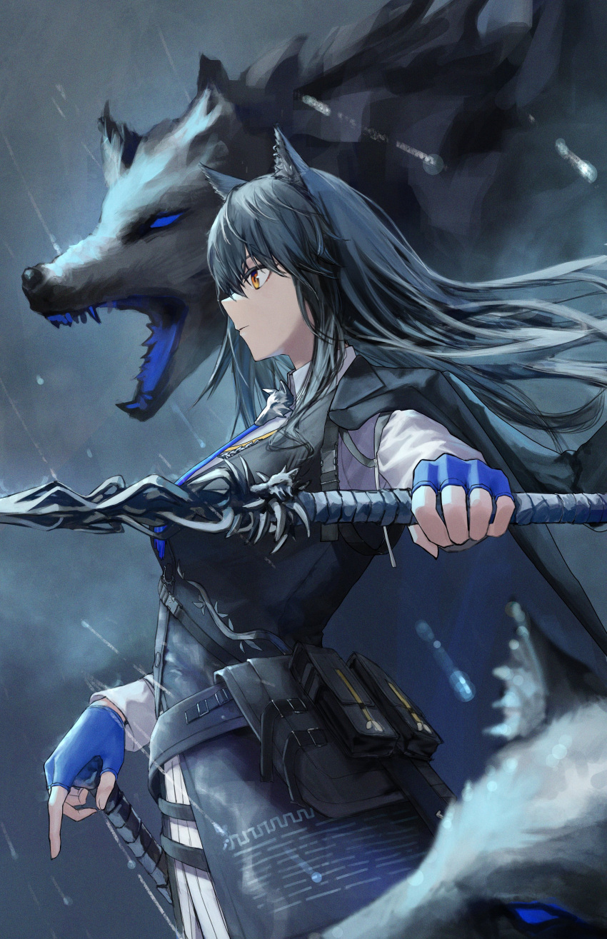 1girl absurdres animal_ear_fluff animal_ears arknights belt belt_pouch black_coat black_hair blue_gloves breasts brown_eyes closed_mouth clouds cloudy_sky coat coat_on_shoulders fingerless_gloves from_side gloves highres holding holding_sword holding_weapon koseikogani large_breasts long_hair long_sleeves outdoors pouch profile rain shirt sky solo sword texas_(arknights) texas_the_omertosa_(arknights) upper_body very_long_hair weapon white_shirt wolf wolf_ears