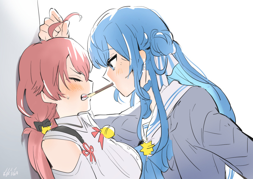 2girls ahoge artist_name blue_eyes blue_hair blush closed_eyes commentary_request dated detached_sleeves face-to-face facing_another food from_side grabbing_another's_hair highres hololive hoshimachi_suisei kabedon kamejikiriga looking_at_another multiple_girls pink_hair pocky pocky_kiss profile sailor_collar sakura_miko upper_body virtual_youtuber yuri