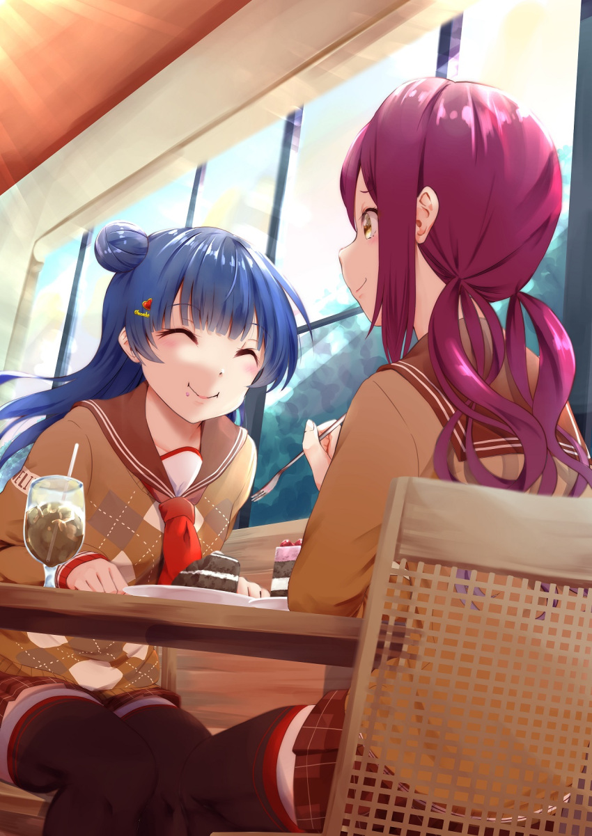 2girls alternate_hairstyle bangs black_thighhighs blue_hair brown_sailor_collar brown_sweater cake closed_eyes closed_mouth commentary_request crumbs cup day drinking_straw food food_on_face fork hair_bun hair_ornament hairpin hayaoki_(asagi-iro_seishun-bu) heart heart_hair_ornament highres holding holding_fork leaning_forward long_hair long_sleeves looking_at_another love_live! love_live!_sunshine!! low_twintails multiple_girls neckerchief on_chair profile red_neckerchief redhead restaurant sailor_collar sakurauchi_riko school_uniform shared_food sitting sky smile sweater table thigh-highs tsushima_yoshiko twintails window winter_uniform yellow_eyes zettai_ryouiki