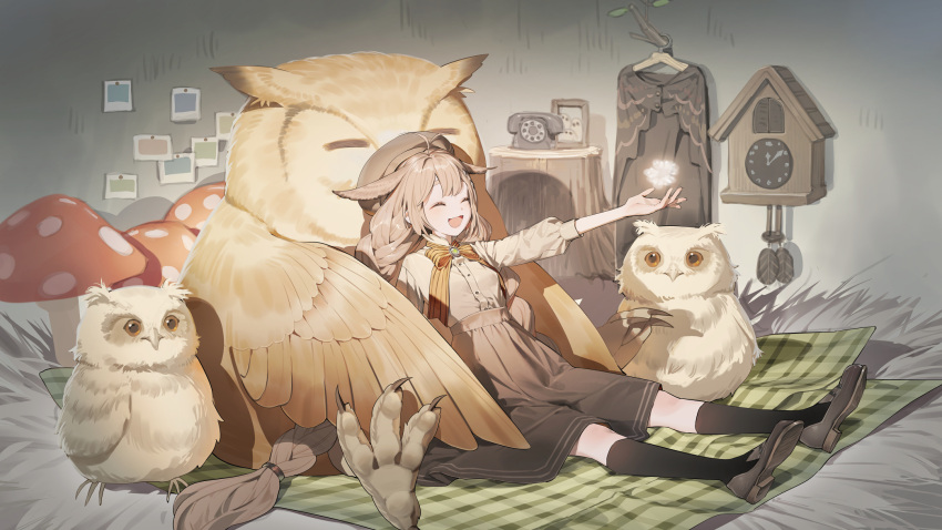 1girl analog_clock animal_ears antenna_hair bangs bird bird_nest black_socks bow bowtie braid brown_eyes brown_footwear brown_shirt brown_skirt character_request clock closed_eyes clothes_hanger commentary commission copyright_request happy highres holding kitada_mo kneehighs long_hair long_skirt long_sleeves mushroom owl owl_ears phone picture_frame shirt shoes sitting skirt smile socks solo_focus striped striped_bow symbol-only_commentary tree_stump twin_braids twintails very_long_hair yellow_bow yellow_bowtie
