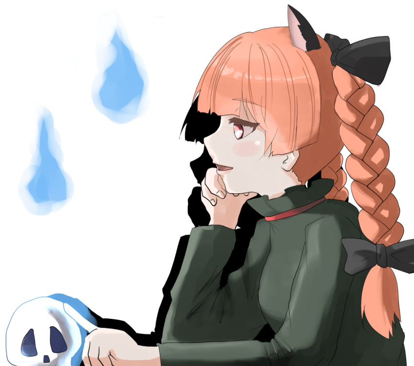 1girl animal_ears ao-shiba bad_hands bow braid cat_ears drop_shadow extra_ears from_side hair_bow kaenbyou_rin light_smile open_mouth profile red_eyes redhead skull solo touhou twin_braids