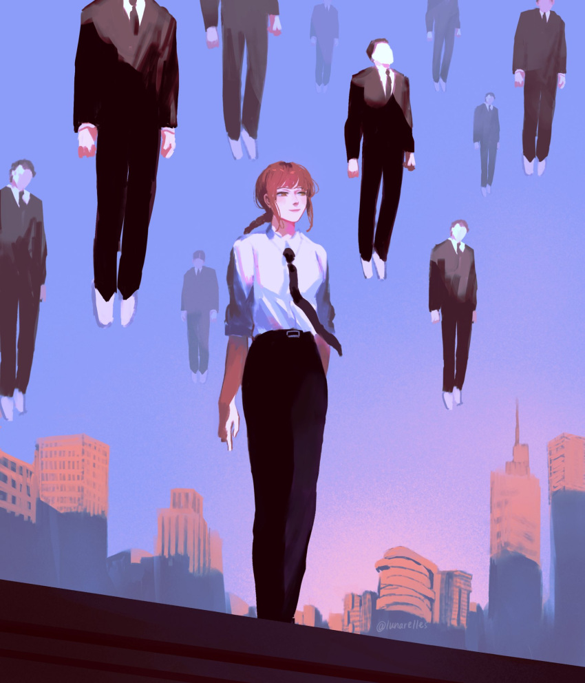 1girl black_jacket black_necktie black_pants blue_background blue_sky braid braided_ponytail building chainsaw_man collared_shirt extra faceless floating formal highres jacket looking_to_the_side lunarelles makima_(chainsaw_man) medium_hair midair morning necktie pants people redhead shirt sidelocks simple_background sky sleeves_rolled_up smile solo_focus suit twitter_username white_shirt
