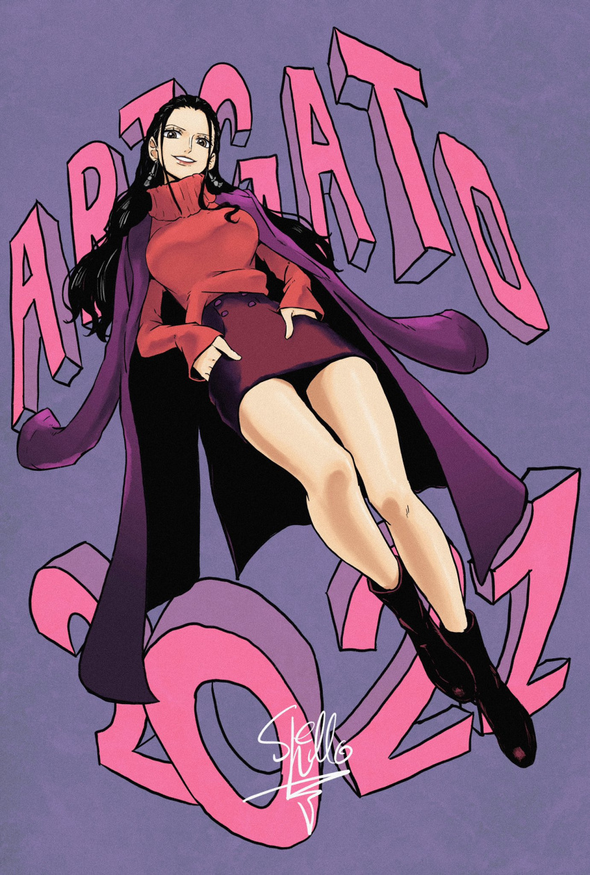 1girl 2021 artist_name black_hair boots brown_eyes commentary_request earrings eyelashes female full_body happy highres jewelry long_hair looking_at_viewer nico_robin one_piece pencil_skirt purple_background red_sweater sherumaru_(korcht06) signature simple_background skirt smile solo sweater thank_you