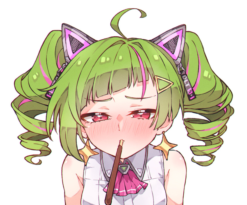 ahoge animal_ears bangs bare_shoulders cat_ears commentary delutaya diagonal_bangs drill_hair english_commentary fake_animal_ears green_hair indie_virtual_youtuber kukie-nyan medium_hair mouth_hold multicolored_hair pink_hair pocky_day shirt sleeveless sleeveless_shirt streaked_hair triangle_hair_ornament twin_drills twintails virtual_youtuber white_shirt