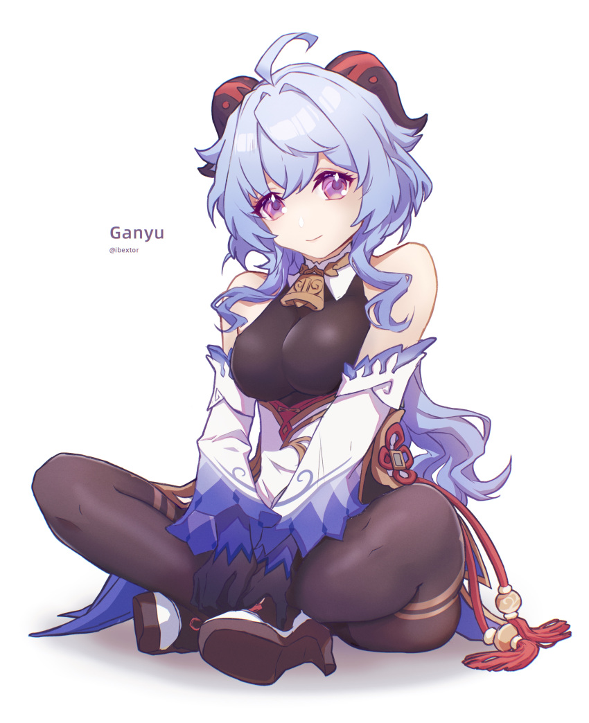 1girl absurdres ahoge artist_name bangs bare_shoulders bell black_pantyhose blue_hair breasts character_name chinese_knot detached_sleeves flower_knot full_body ganyu_(genshin_impact) genshin_impact gold_trim high_heels highres horns ibextor light_smile long_hair looking_at_viewer lotus_position medium_breasts neck_bell pantyhose sidelocks sitting solo tassel thighlet violet_eyes vision_(genshin_impact) white_background white_sleeves