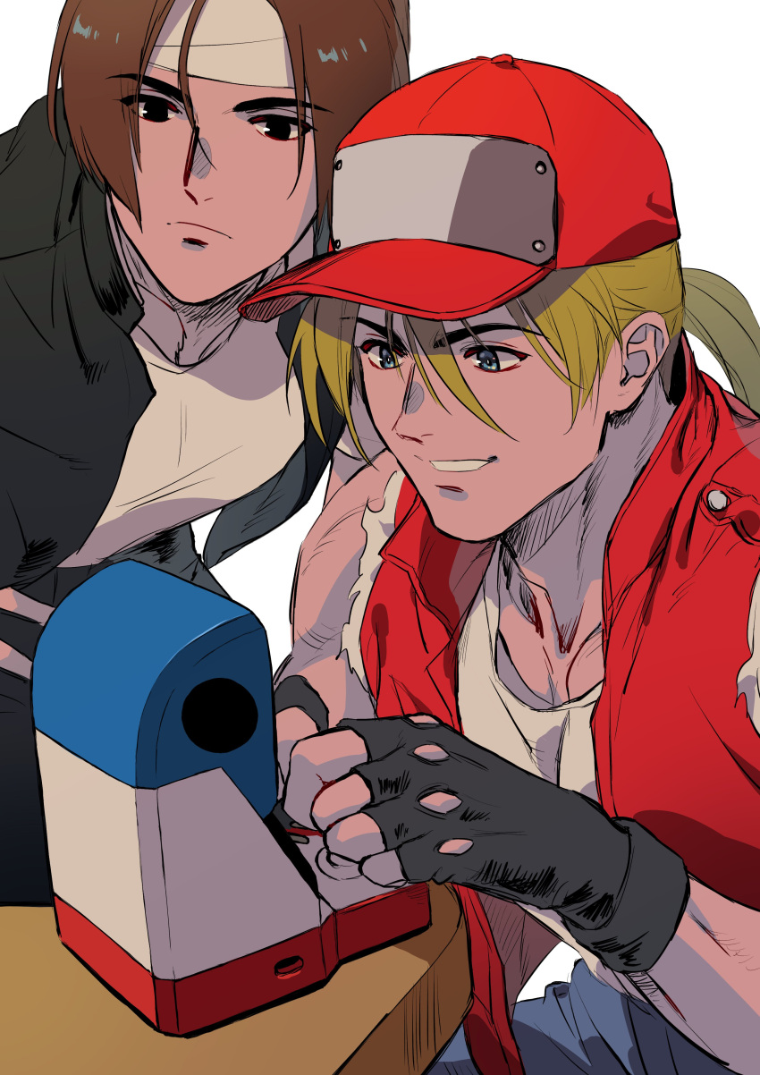 2boys absurdres arcade_cabinet baseball_cap beniazumaru blonde_hair blue_eyes brown_eyes brown_hair denim fatal_fury fingerless_gloves gloves hat headband highres jacket jeans kusanagi_kyou long_hair looking_at_object male_focus multiple_boys muscular pants ponytail school_uniform shirt short_hair simple_background smile terry_bogard the_king_of_fighters vest