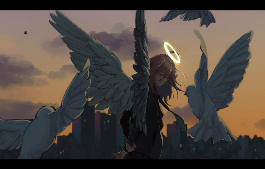 1boy angel_devil_(chainsaw_man) bangs bird black_jacket black_necktie brown_hair building chainsaw_man city clouds dove evening feathered_wings formal halo highres holding_own_arm jacket long_hair looking_at_viewer looking_back meiart0416 necktie solo suit white_wings wings yellow_sky