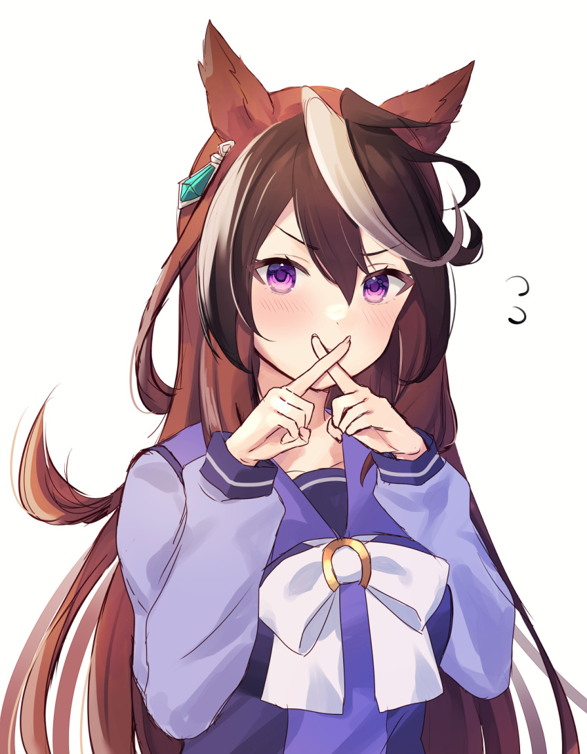 1girl animal_ears bow bowtie brown_hair collarbone crossed_fingers earrings flying_sweatdrops highres horse_ears horse_girl horse_tail jewelry long_sleeves looking_at_viewer multicolored_hair purin_jiisan school_uniform simple_background single_earring solo streaked_hair symboli_rudolf_(umamusume) tail tracen_school_uniform umamusume upper_body violet_eyes white_background white_bow white_bowtie white_hair
