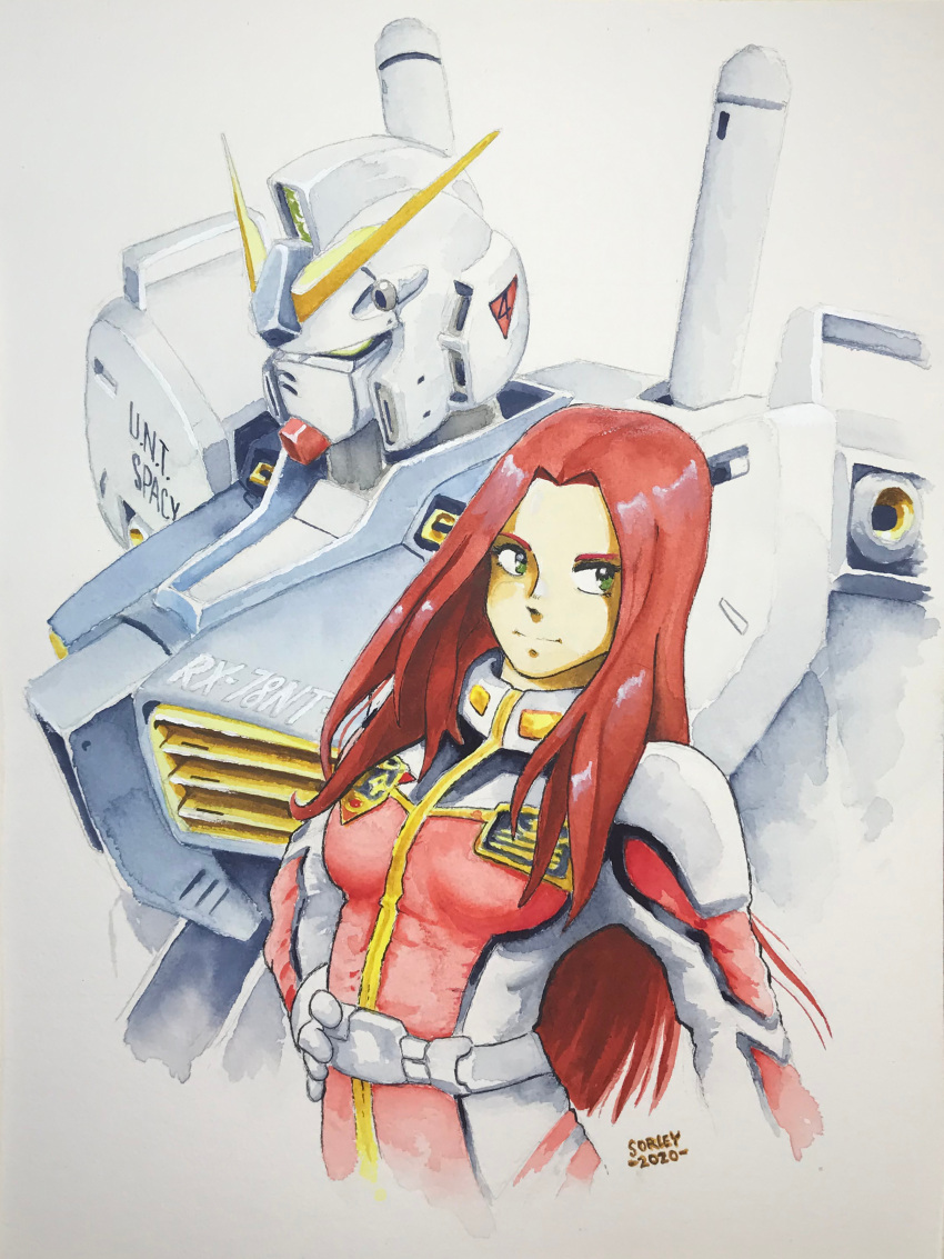 1girl 2020 absurdres asplenia_studios christina_mackenzie dated english_commentary gloves gun gundam gundam_0080 gundam_alex highres long_hair looking_at_viewer machine_gun machinery mecha military military_uniform mobile_suit muzzle pilot_suit portrait redhead robot science_fiction signature uniform upper_body weapon