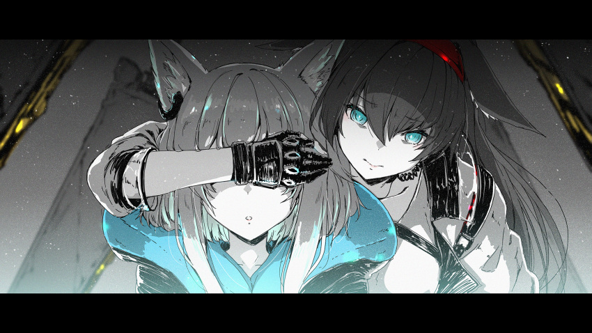 2girls :o animal_ear_fluff animal_ears arknights bangs black_gloves blaze_(arknights) cat_ears closed_mouth collarbone covering_another's_eyes denken gloves grey_hair hairband highres letterboxed light_particles limited_palette looking_at_viewer multiple_girls parted_lips red_hairband rosmontis_(arknights) upper_body