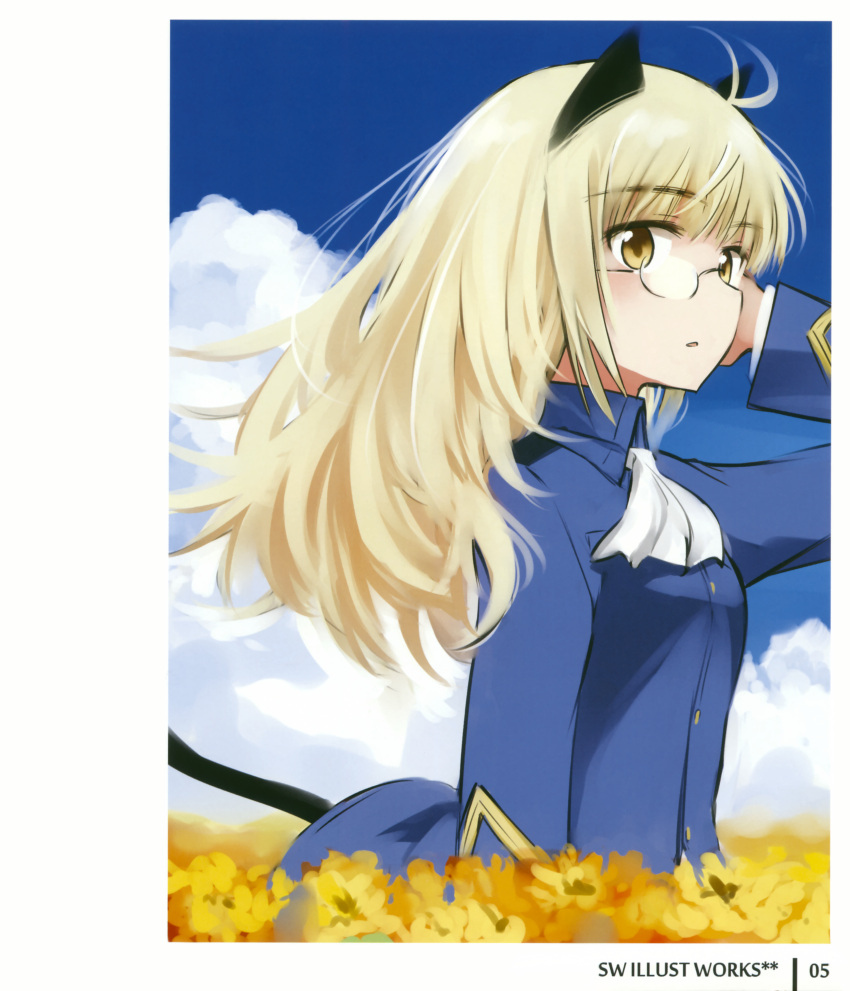 absurdres animal_ears ascot blonde_hair cat_ears cat_girl cat_tail clouds flower glasses highres long_hair military military_uniform open_mouth perrine_h._clostermann simple_background strike_witches tail tsuchii_(ramakifrau) uniform world_witches_series