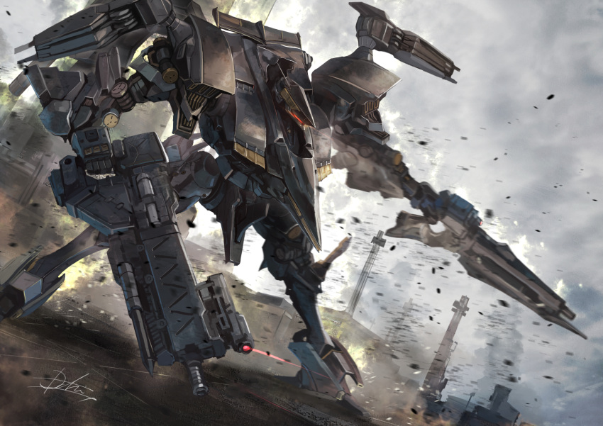 armored_core armored_core_4 assault_visor clouds cloudy_sky dual_wielding dust glowing gun highres holding holding_gun holding_weapon hukutuuprunes mecha no_humans robot science_fiction signature sky supplice weapon