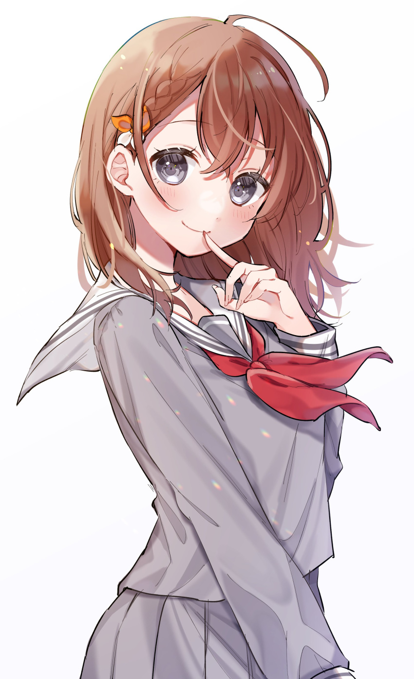 1girl absurdres arm_at_side bow braid brown_hair closed_mouth clothes_lift diffraction_spikes dot_nose eyelashes finger_to_mouth fingernails floating_hair grey_eyes grey_shirt grey_skirt hair_between_eyes hair_bow hanasato_minori hand_up hgrmfoods highres index_finger_raised light_blush long_sleeves looking_at_viewer medium_hair miyamasuzaka_girls'_academy_uniform neckerchief orange_bow pleated_skirt project_sekai red_neckerchief sailor_collar school_uniform shirt simple_background skirt smile solo two-tone_bow upper_body white_background white_bow white_sailor_collar