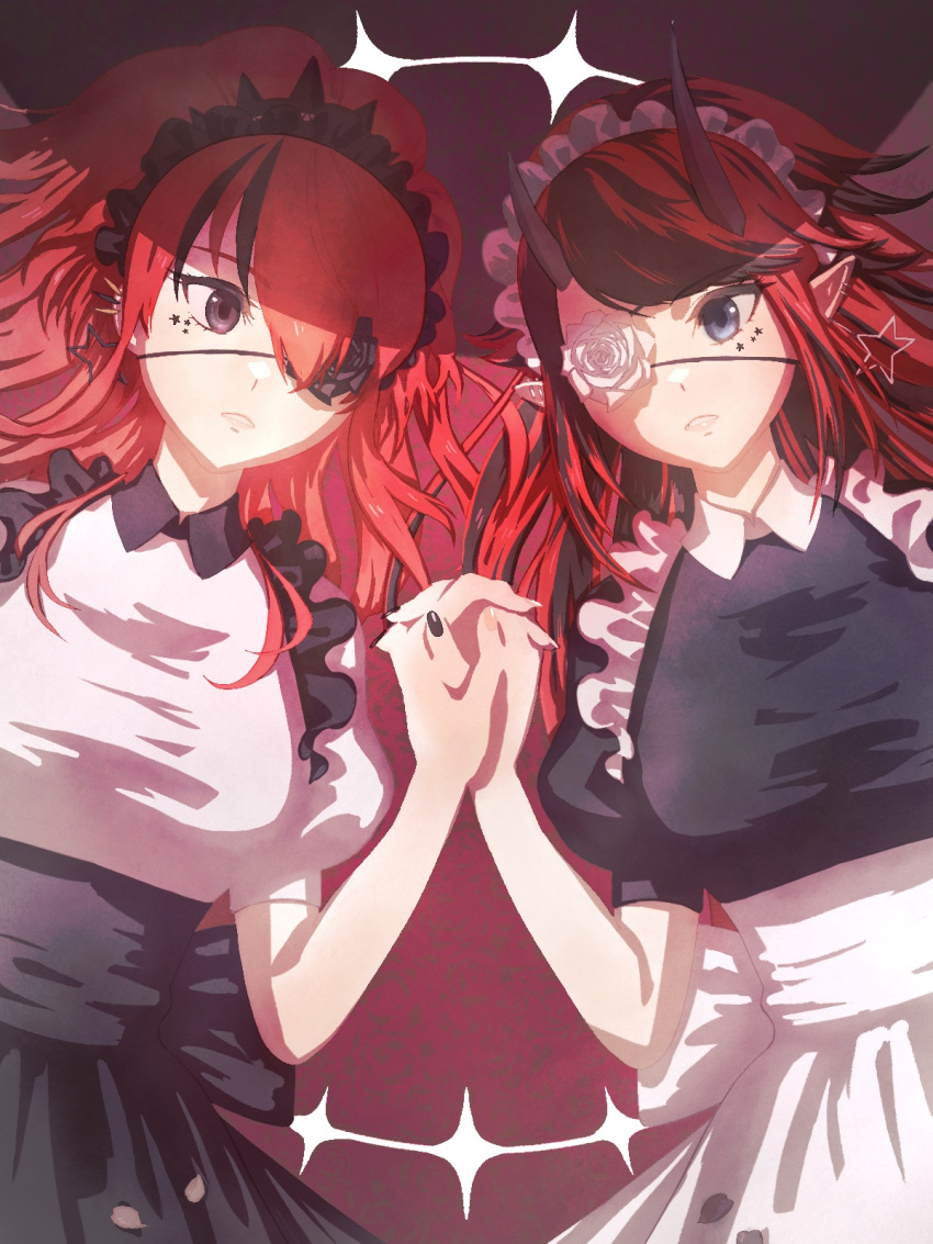 2girls 774_inc. alternate_costume bangs black_hair black_shirt black_skirt blue_eyes breasts closed_mouth collared_shirt commentary_request cowboy_shot demon_girl demon_horns earrings enmaided expressionless flower_eyepatch grey_eyes hair_between_eyes hair_over_one_eye highres holding_hands horns identity_(vocaloid) jewelry lain_paterson large_breasts long_hair looking_to_the_side maid maid_headdress multicolored_hair multiple_girls nijisanji pointy_ears ponytail puffy_short_sleeves puffy_sleeves redhead ryugasaki_rene shirt short_sleeves skirt star_(symbol) star_earrings streaked_hair sugar_lyric tsumasaki virtual_youtuber white_shirt white_skirt