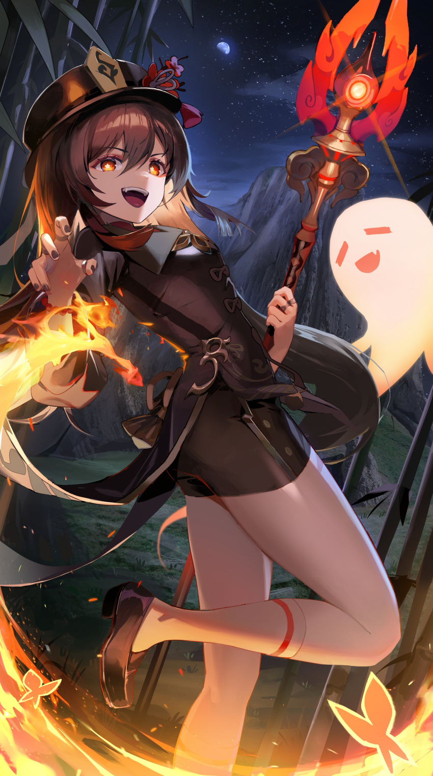 1girl absurdres black_headwear black_nails black_shorts breasts brown_hair chinese_clothes collared_coat fire flower flower-shaped_pupils genshin_impact ghost hat hat_flower hat_ornament highres holding holding_weapon hu_tao_(genshin_impact) jewelry kawa683 long_hair looking_at_viewer medium_breasts moon multiple_rings night open_mouth outdoors plum_blossoms polearm porkpie_hat red_eyes ring shoes shorts smile socks spear symbol-shaped_pupils weapon