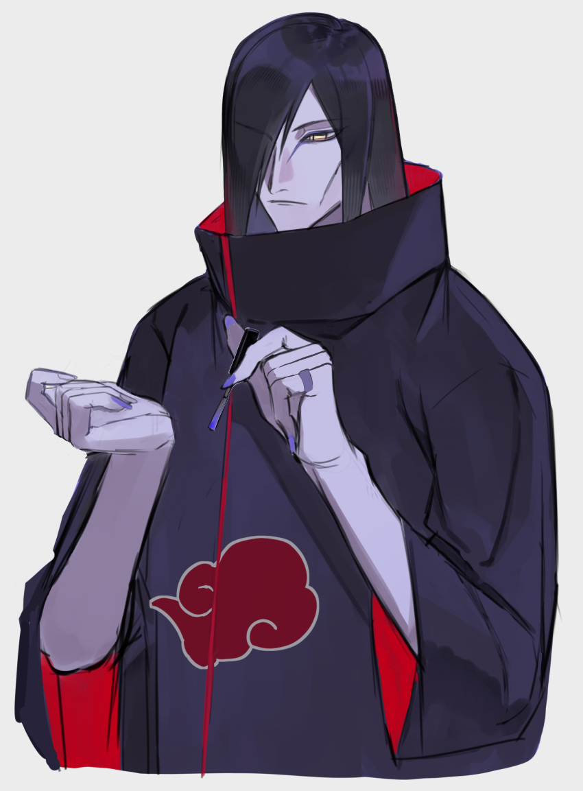 1boy absurdres akatsuki_uniform applying_makeup ayuaho black_hair cropped_torso eyeliner facial_mark hair_over_one_eye highres jewelry long_hair makeup male_focus naruto_(series) official_alternate_costume orochimaru_(naruto) pale_skin purple_nails ring slit_pupils solo yellow_eyes