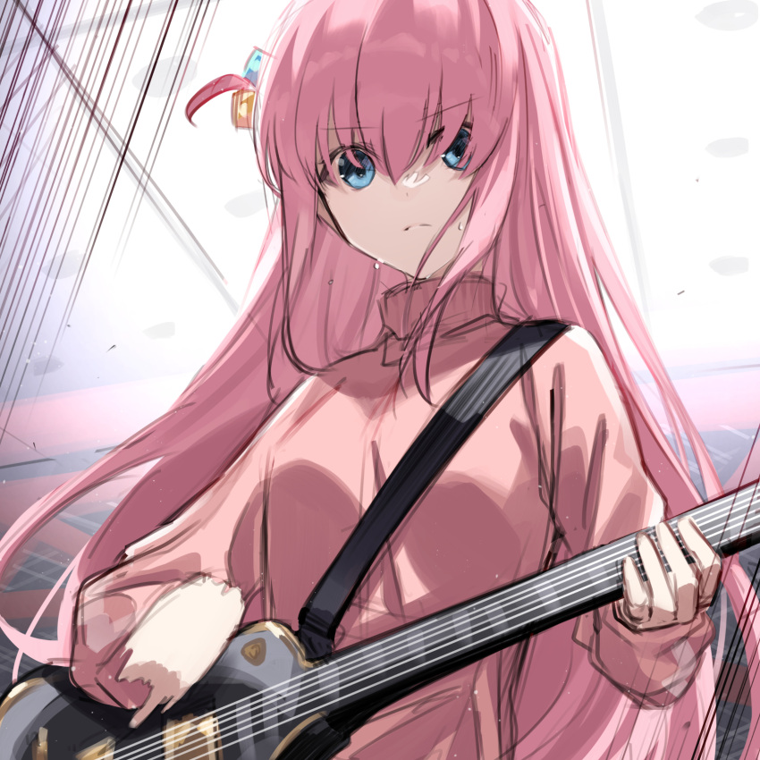 1girl bangs blue_eyes blurry blurry_background bocchi_the_rock! closed_mouth cube_hair_ornament daifuku_(tkja3555) electric_guitar feet_out_of_frame gibson_les_paul gotou_hitori guitar hair_between_eyes hair_cubes hair_ornament highres holding holding_instrument instrument jacket jersey long_hair long_sleeves music pink_hair pink_jacket playing_instrument solo track_jacket upper_body