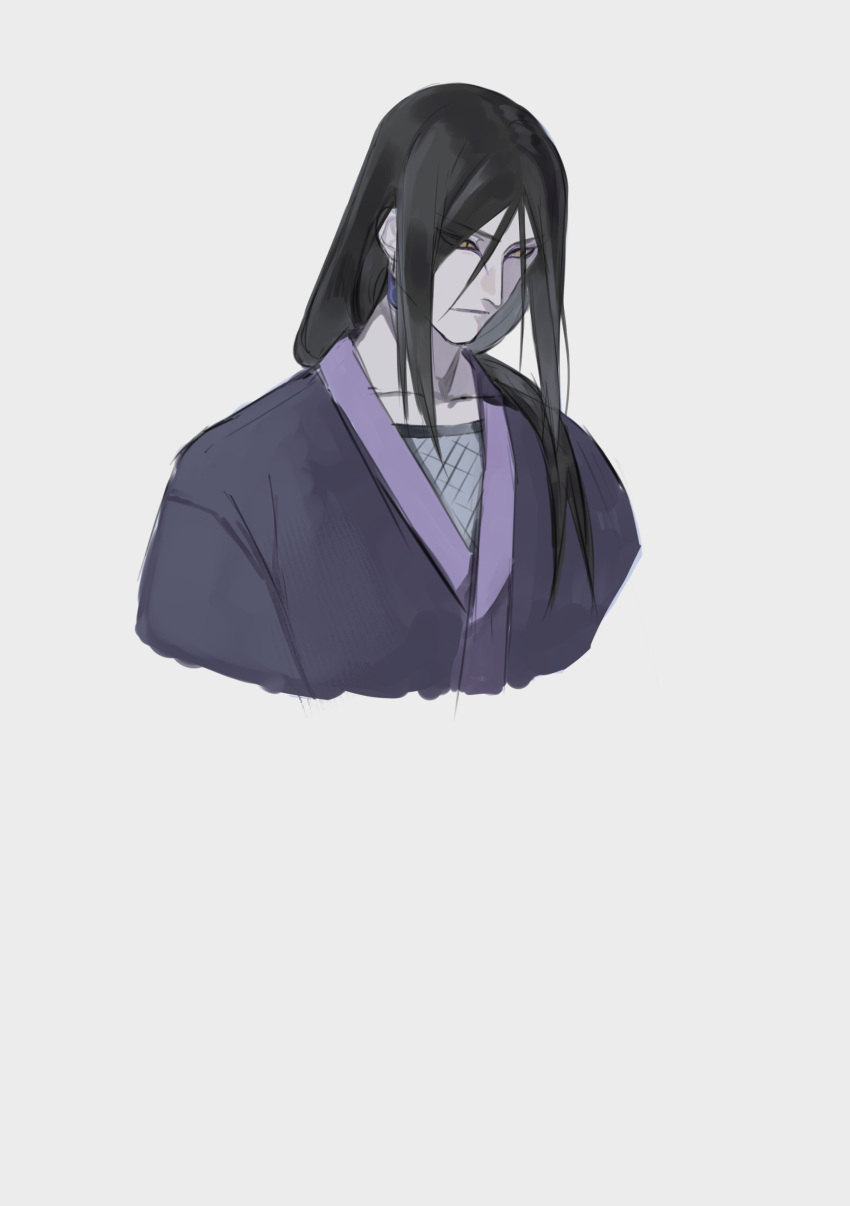 1boy absurdres aged_down ayuaho black_hair cropped_torso expressionless eyeliner facial_mark highres long_hair looking_down makeup male_focus naruto_(series) official_alternate_costume orochimaru_(naruto) pale_skin sidelocks slit_pupils solo yellow_eyes