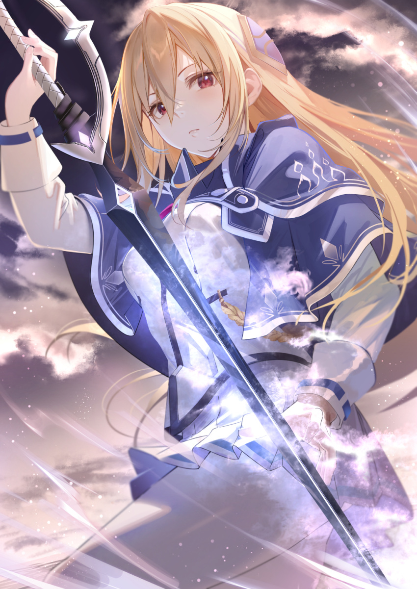 1girl bangs blonde_hair capelet closed_mouth hair_between_eyes heaven_burns_red highres long_hair long_sleeves looking_at_viewer miniskirt outdoors pleated_skirt red_eyes shirakawa_yuina sidelocks skirt sola_(solo0730) solo sword weapon