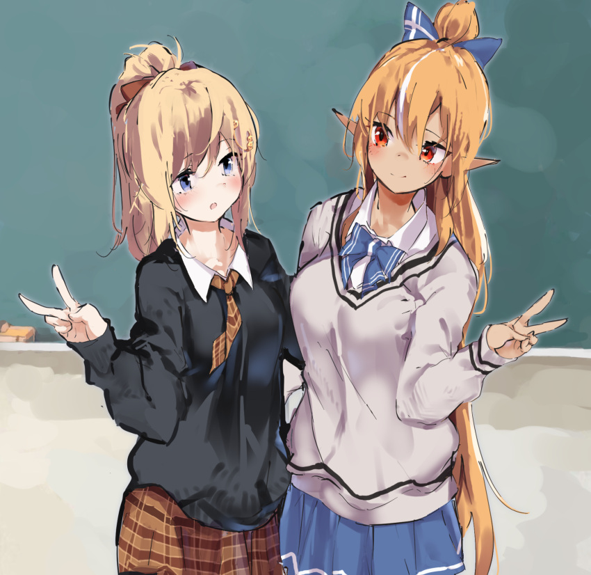 2girls :o black_sweater blonde_hair blue_bow blue_eyes blue_skirt bow brown_hair brown_skirt chalkboard closed_mouth collared_shirt commentary_request grey_sweater hair_bow high_ponytail highres hololive hololive_english lamb_(hitsujiniku) long_hair long_sleeves multiple_girls parted_lips plaid plaid_skirt pleated_skirt pointy_ears ponytail red_eyes school_uniform shiranui_flare shirt skirt sleeves_past_wrists smile sweater v very_long_hair virtual_youtuber watson_amelia white_shirt
