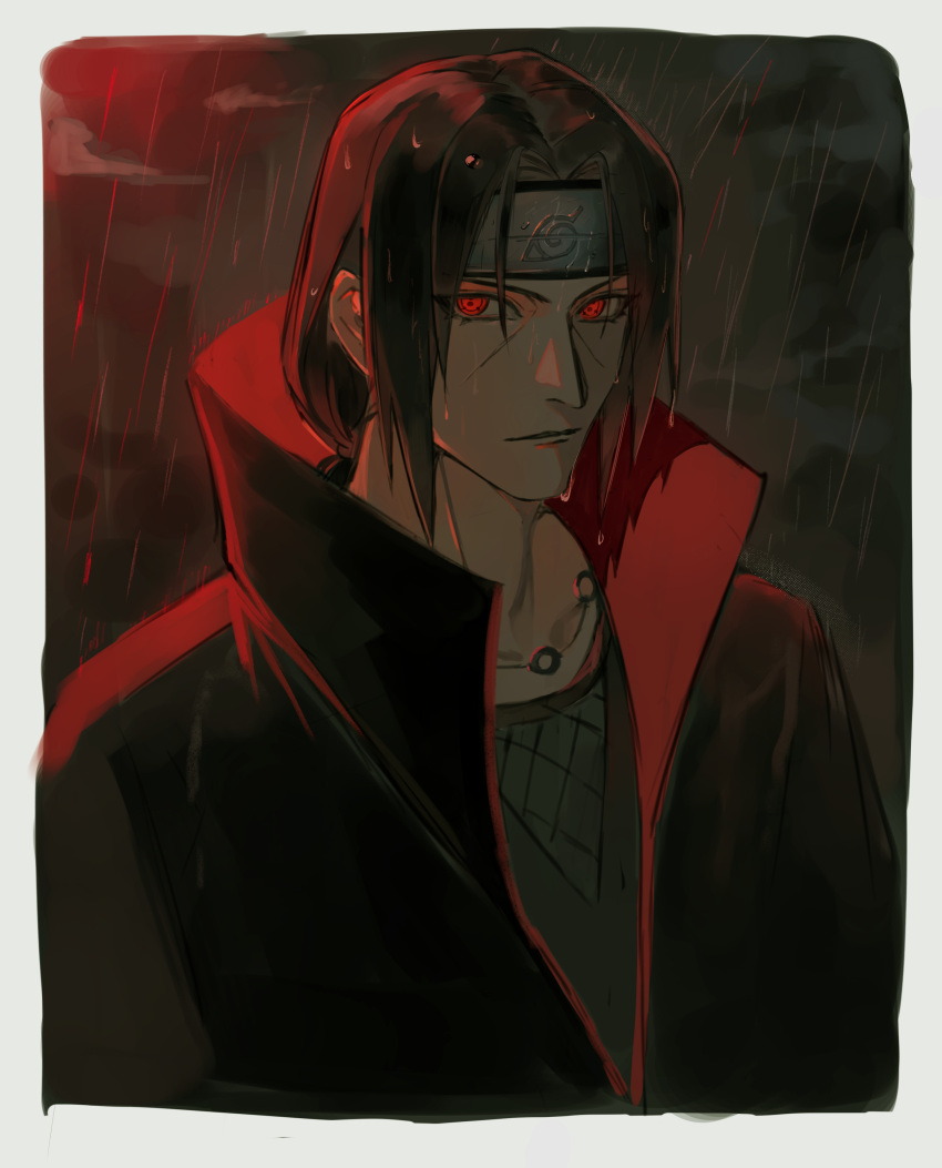 1boy absurdres akatsuki_uniform ayuaho fishnet_top fishnets forehead_protector highres looking_at_viewer male_focus mangekyou_sharingan medium_hair naruto naruto_(series) rain red_eyes sidelocks solo uchiha_itachi upper_body wet wet_hair