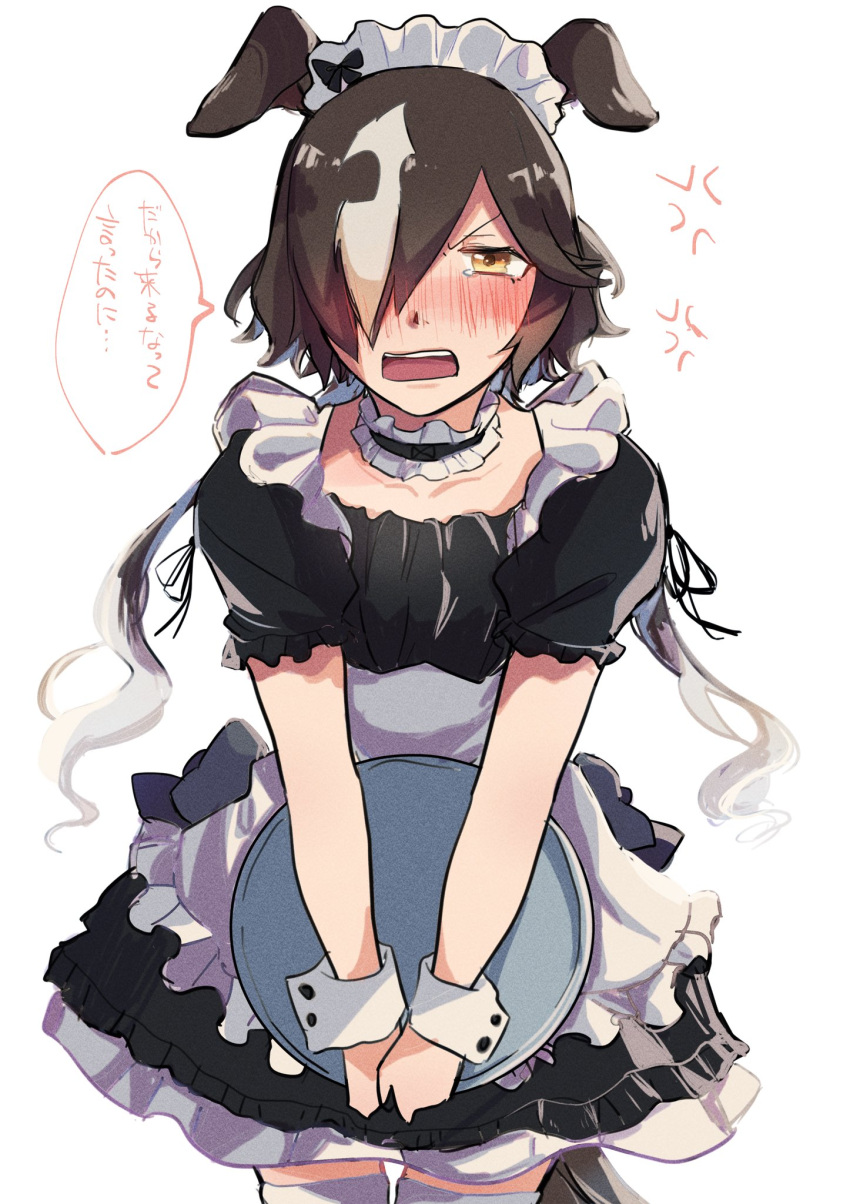 1girl alternate_costume anger_vein angry animal_ears apron bangs black_dress blush brown_hair dress embarrassed enmaided hair_over_one_eye highres hiyo_(2016.10) holding horse_ears horse_girl horse_tail long_hair looking_at_viewer maid maid_apron maid_headdress open_mouth short_sleeves simple_background solo tail thigh-highs tray twintails umamusume vodka_(umamusume) white_background white_thighhighs yellow_eyes