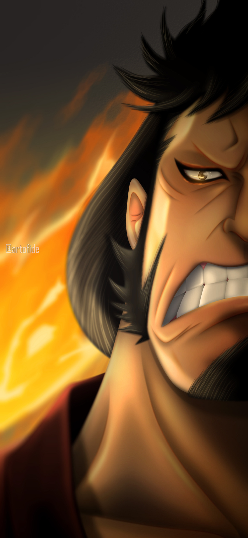 1boy angry artist_name artofide black_hair facial_hair fire goatee highres kinemon looking_at_viewer male_focus one_piece samurai short_hair sideburns solo teeth v-shaped_eyebrows web_address yellow_eyes