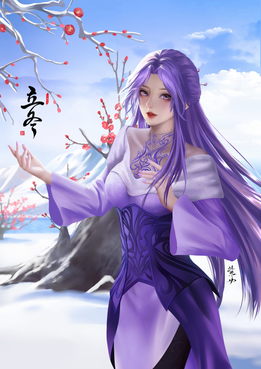 1girl absurdres artist_request blue_sky branch clouds dress flower highres long_hair long_sleeves looking_at_viewer mountain needle parted_lips purple_dress purple_hair qin_shi_ming_yue second-party_source shiny shiny_hair sky snow solo under_clothes upper_body violet_eyes zi_nu_(qin_shi_ming_yue)