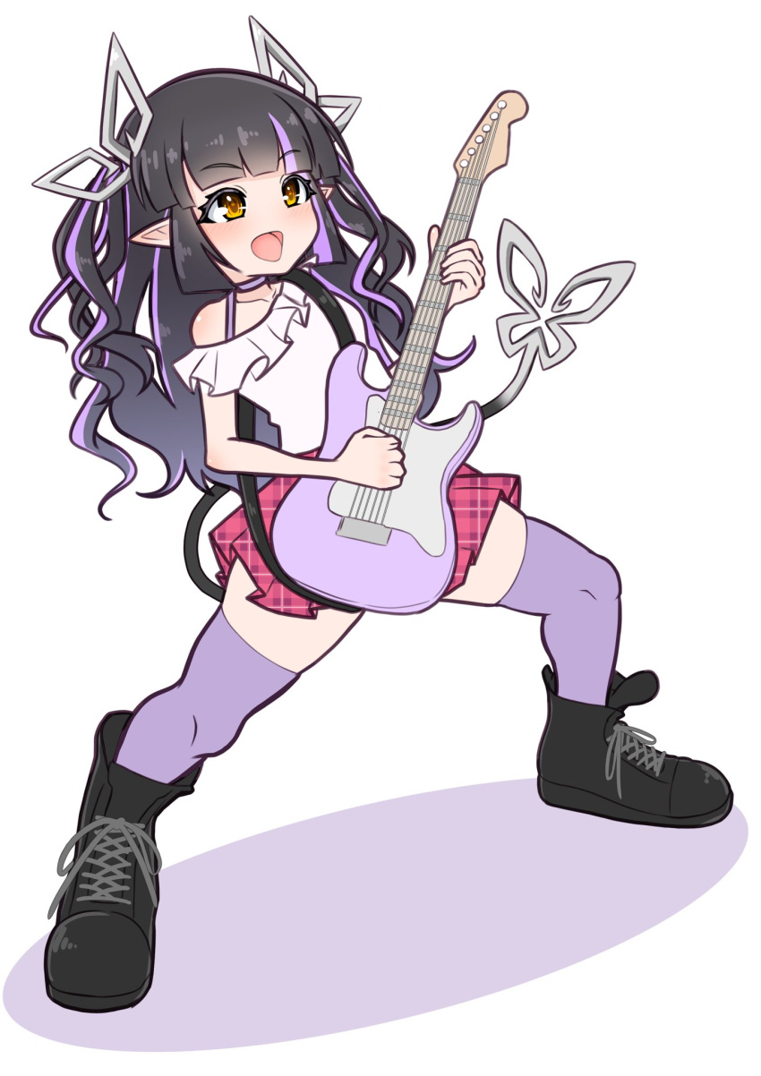 1girl 774_inc. alternate_costume bangs black_footwear black_hair blunt_bangs blush boots breasts commentary_request demon_girl demon_horns demon_tail electric_guitar full_body grey_background guitar highres holding holding_instrument horns instrument kojo_anna long_hair looking_afar medium_breasts multicolored_hair music open_mouth plaid plaid_skirt playing_instrument pointy_ears purple_hair purple_thighhighs red_skirt robou_no_stone shirt simple_background single_bare_shoulder skirt smile solo standing sugar_lyric tail thigh-highs two-tone_hair virtual_youtuber white_shirt yellow_eyes