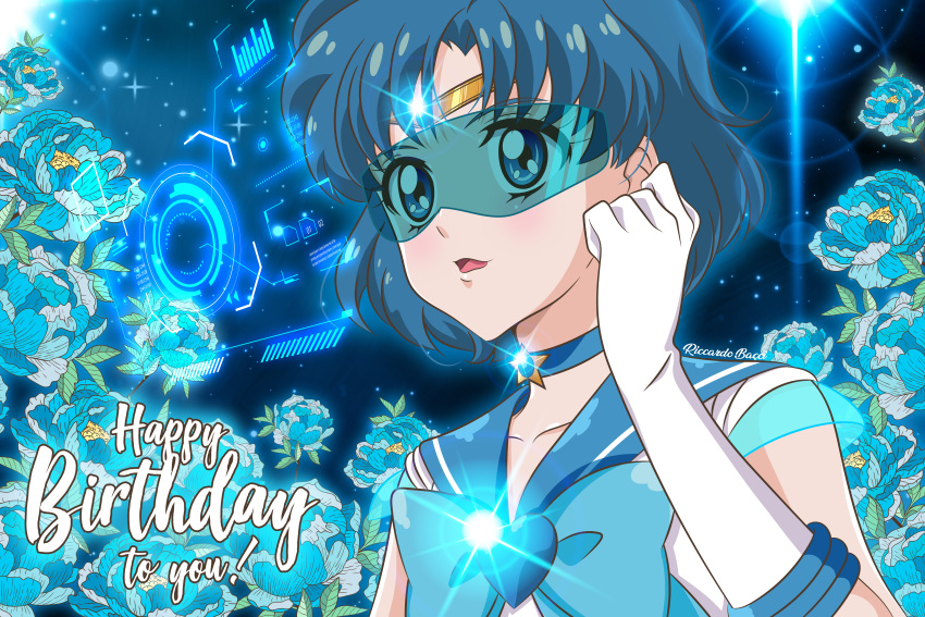 1girl absurdres bangs bishoujo_senshi_sailor_moon bishoujo_senshi_sailor_moon_crystal blonde_hair blue_choker blue_eyes blue_hair blue_sailor_collar blue_skirt bow choker earrings elbow_gloves gloves happy_birthday head-mounted_display heart highres hologram jewelry long_hair mizuno_ami riccardo_bacci sailor_collar sailor_mercury sailor_senshi_uniform short_hair skirt solo star_(symbol) tiara white_gloves