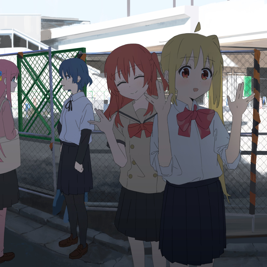 4girls :d ^_^ absurdres ahoge arm_at_side bag bangs black_pantyhose black_ribbon black_skirt black_sleeves blonde_hair blue_hair bocchi_the_rock! bow bowtie brown_footwear building chain-link_fence closed_eyes closed_mouth collared_shirt dark_blue_hair day detached_ahoge dot_nose eye_contact facing_viewer feet_out_of_frame fence from_behind from_side full_body gotou_hitori hand_on_hip hand_up high-waist_skirt high_collar highres holding_strap ijichi_nijika kita_ikuyo layered_sleeves loafers long_hair long_sleeves looking_at_another looking_at_viewer mole mole_under_eye multiple_girls neck_ribbon one_side_up outdoors pants pants_under_skirt pantyhose parted_lips pink_hair pink_pants pleated_skirt profile red_bow red_bowtie red_eyes redhead ribbon sailor_collar sailor_shirt salute school_uniform serafuku shirt shirt_tucked_in shoes short_hair short_over_long_sleeves short_sleeves shoulder_bag side_ponytail sidewalk skirt sleeves_rolled_up smile split_mouth standing suwiz tareme very_long_hair vulcan_salute w_arms white_shirt wing_collar yamada_ryou