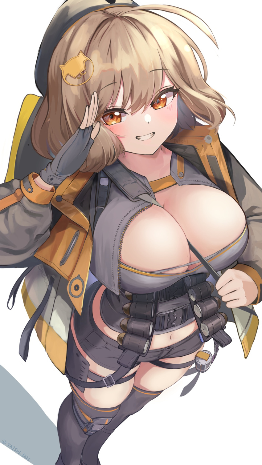 anis_(nikke) bad_link black_headwear breasts brown_hair cleavage_cutout clothing_cutout goddess_of_victory:_nikke highres large_breasts looking_at_viewer looking_up salute ta1sh1 thigh-highs