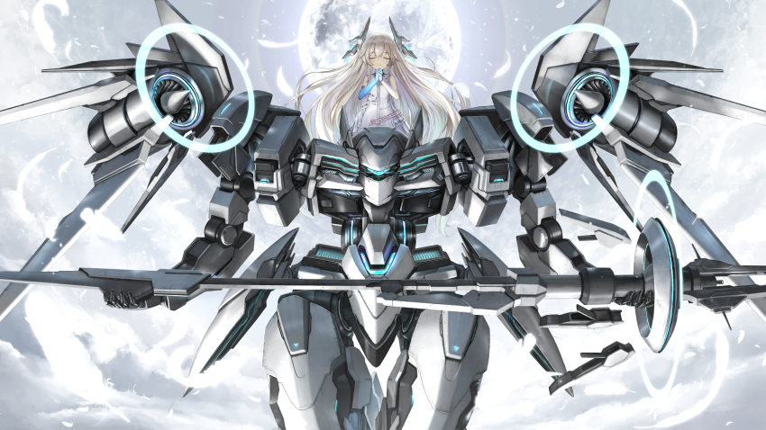 1girl absurdres asymmetrical_gloves bangs blue_gloves clouds dress e.t.e_chronicle elbow_gloves flat_chest gloves highres holding holding_polearm holding_weapon long_hair mecha mismatched_gloves moon nihoshi_(bipedal_s) official_art own_hands_clasped own_hands_together polearm robot science_fiction sky straight-on turbine very_long_hair weapon white_dress white_gloves