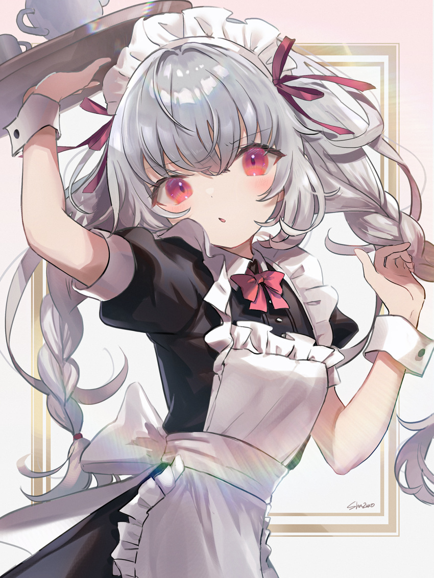 1girl apron arm_up bangs black_dress bow braid collared_dress cup dress frilled_apron frills grey_hair hair_between_eyes hair_ribbon highres holding holding_tray long_hair looking_at_viewer maid maid_apron maid_headdress original parted_lips puffy_short_sleeves puffy_sleeves red_bow red_eyes red_ribbon ribbon sha2mo short_sleeves signature solo tray twin_braids twintails very_long_hair white_apron