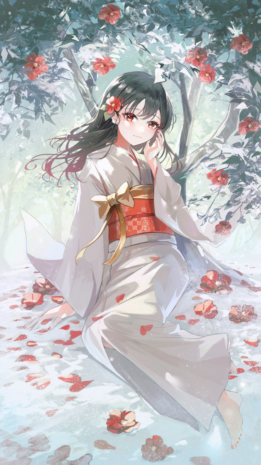 1girl absurdres bangs barefoot black_hair bow dappled_sunlight day floating_hair flower foliage gradient_hair hair_between_eyes hair_flower hair_ornament hand_on_own_face highres japanese_clothes kimono leaf light_blush long_hair looking_at_viewer multicolored_hair obi original plant red_eyes red_flower red_sash ribbon sash sitting smile solo sunlight toumin_(onemunemu99) tree white_kimono wide_sleeves yamato_nadeshiko_(style) yellow_bow yellow_ribbon