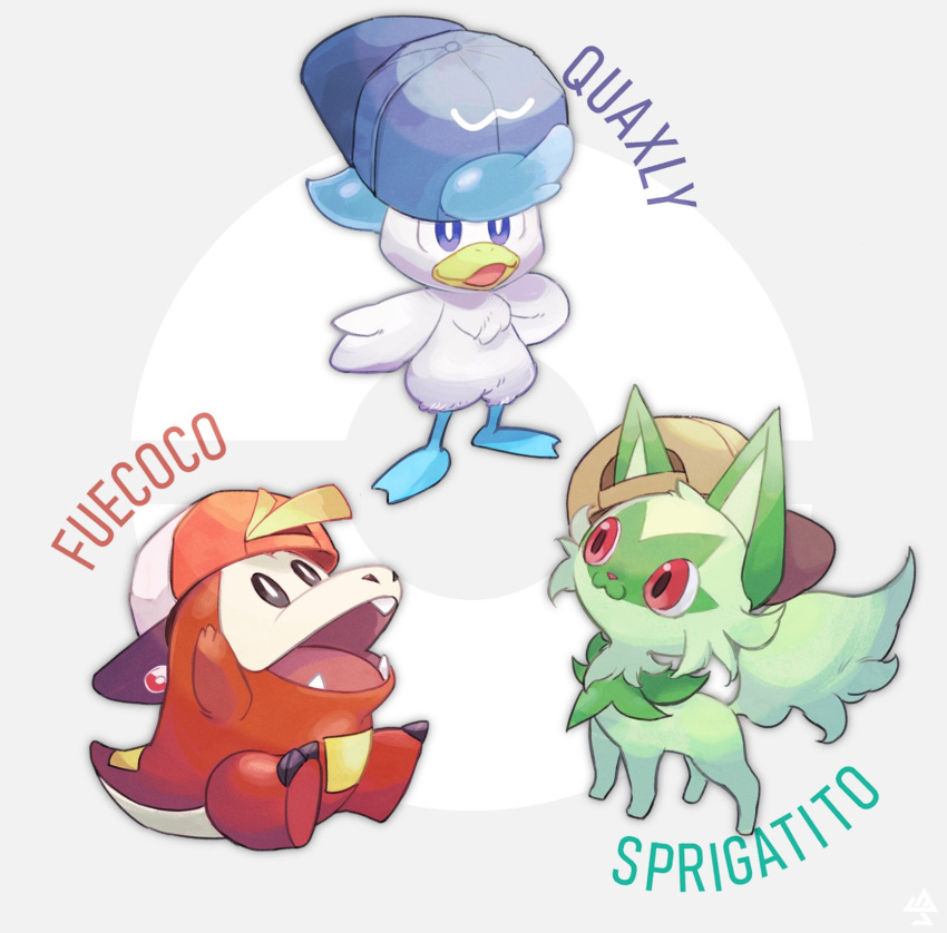 :3 backwards_hat baseball_cap blue_headwear brown_headwear character_name closed_mouth commentary fangs fuecoco hat hatted_pokemon highres nigiri_(ngr24) open_mouth poke_ball_symbol pokemon quaxly red_eyes smile sprigatito starter_pokemon_trio tongue