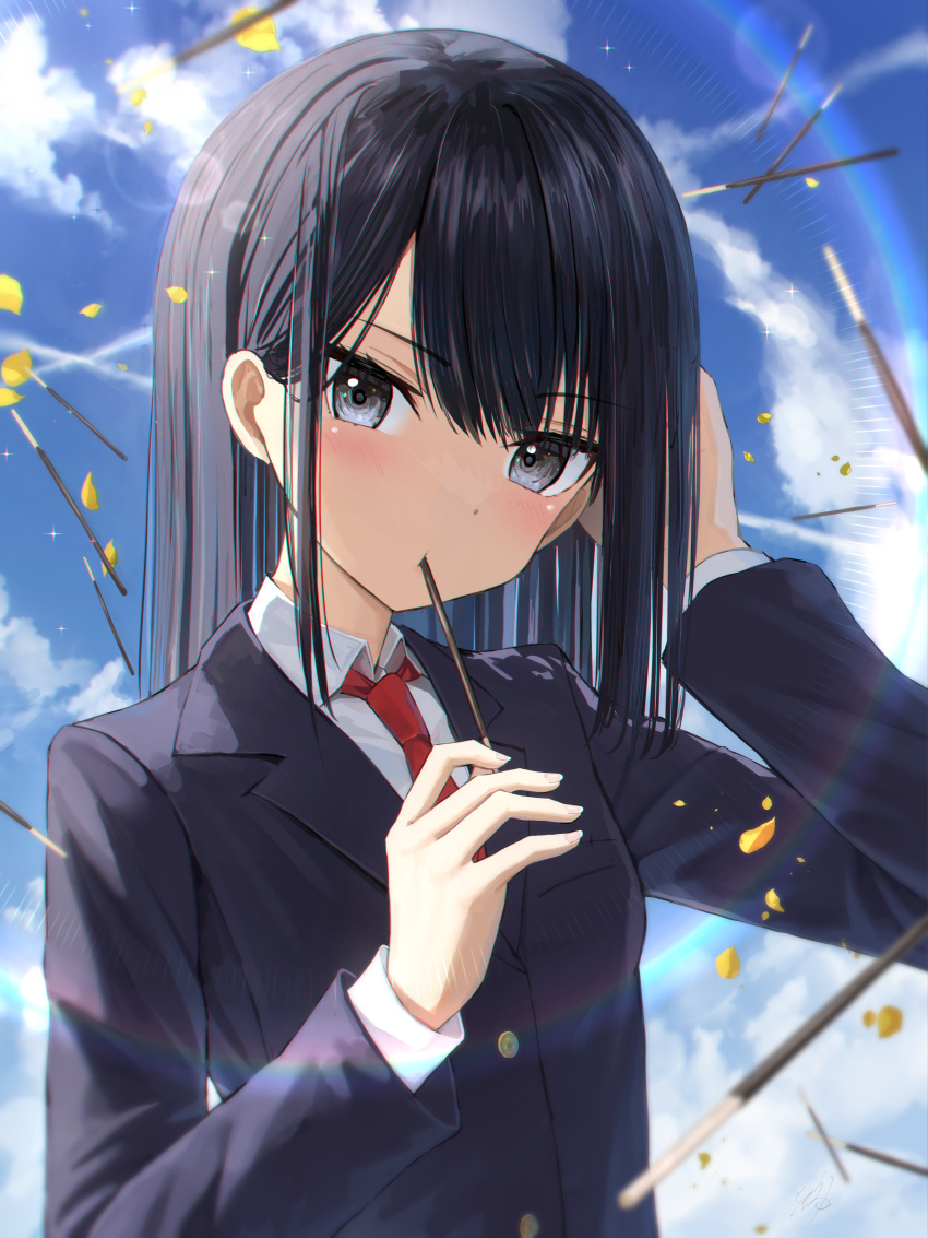 1girl absurdres adjusting_hair bangs black_eyes black_hair blazer blue_jacket blue_sky blush clouds collared_shirt commentary_request dot_nose food hair_between_eyes hand_up hidulume highres holding holding_food holding_pocky jacket lens_flare long_hair long_sleeves looking_at_viewer mixed-language_commentary necktie original pocky pocky_day red_necktie school_uniform shirt sky solo upper_body white_shirt