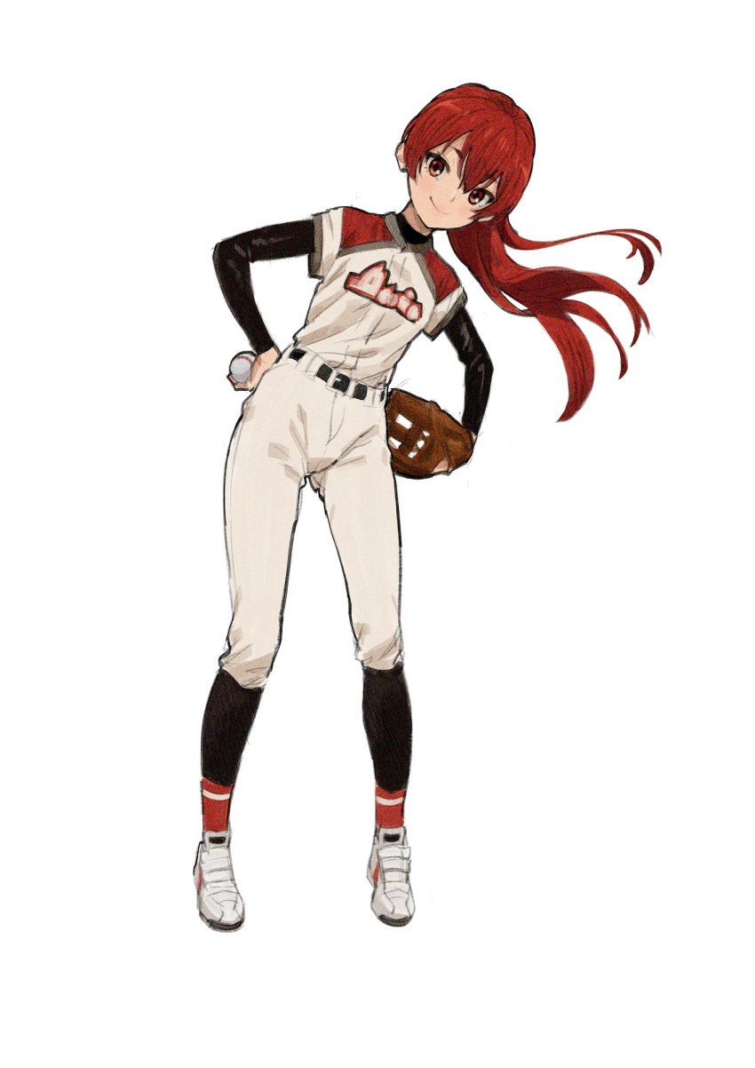 1girl alternate_costume alternate_hairstyle ball bangs baseball baseball_jersey baseball_mitt baseball_uniform black_shirt eris_greyrat facing_viewer full_body highres holding holding_ball kneehighs long_hair long_sleeves looking_at_viewer mushoku_tensei nyus0721 pants pitching ponytail red_eyes redhead shirt shirt_tucked_in shirt_under_shirt shoes simple_background sneakers socks solo sportswear standing uniform white_background white_pants white_shirt